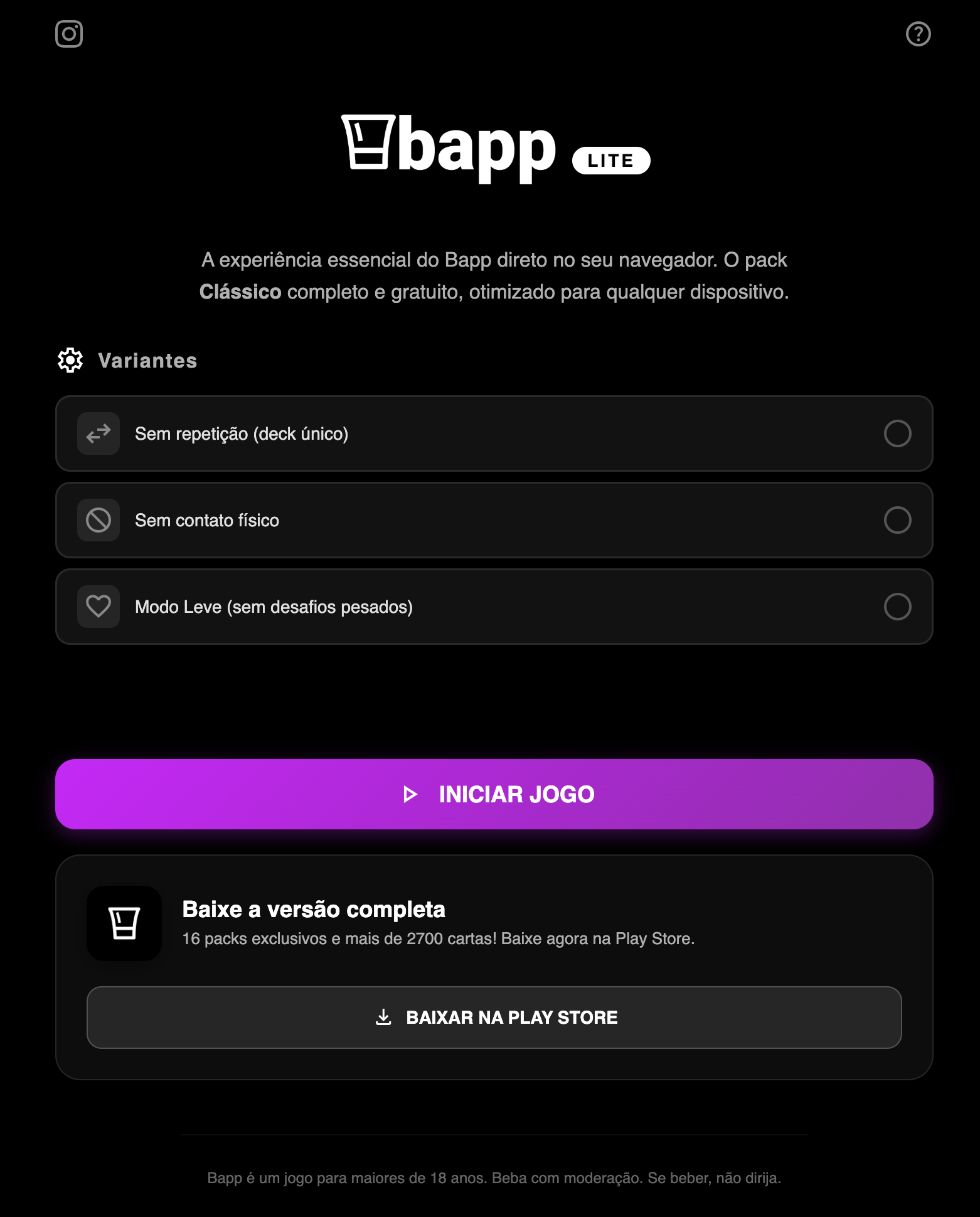 Bapp Lite — Pack Clássico no navegador